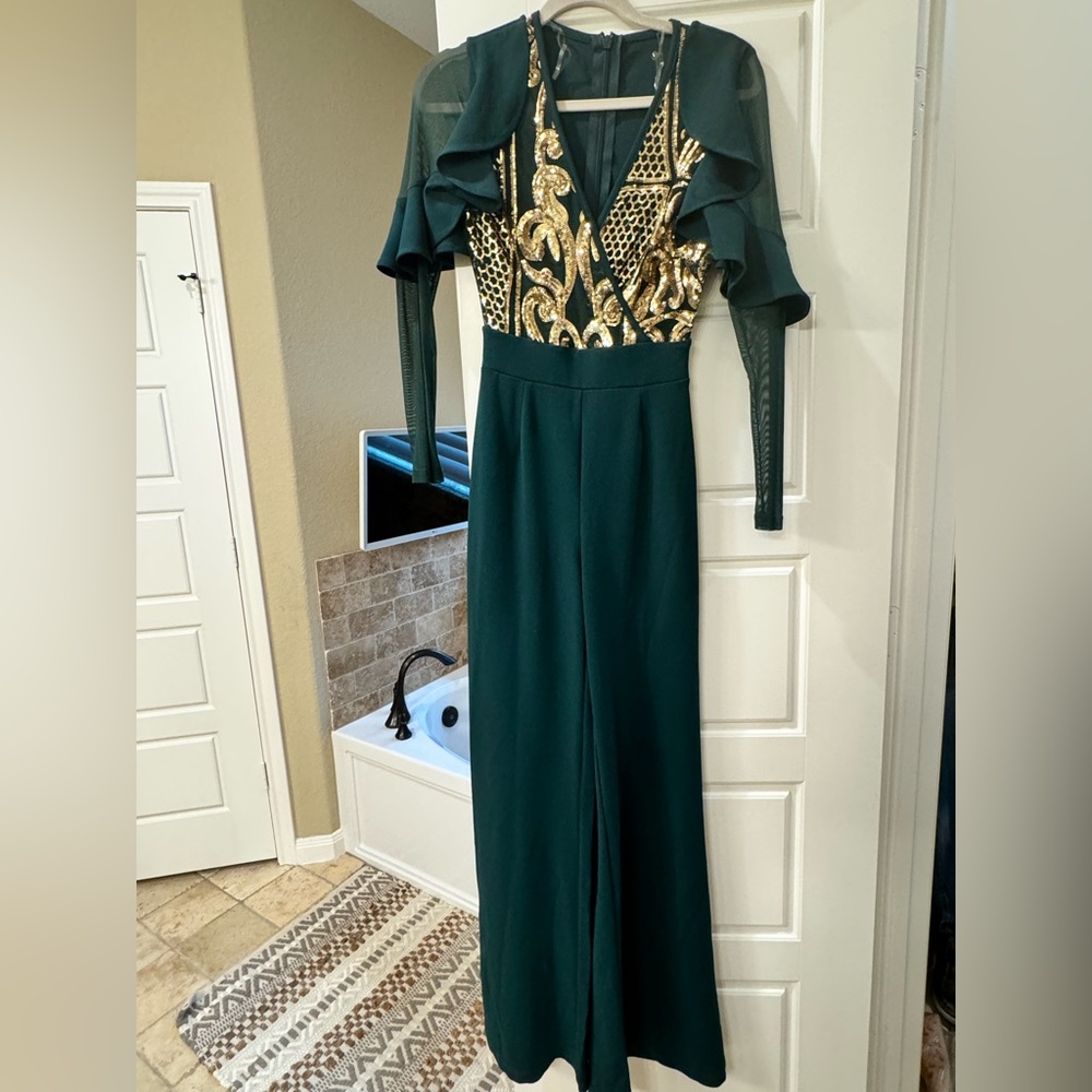 Elegant Emerald Green and Gold Jumpsuit